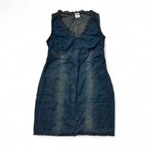 Motherhood Maternity Blue Denim Ruffle Tie Back Faded Short Dress Cottage Small